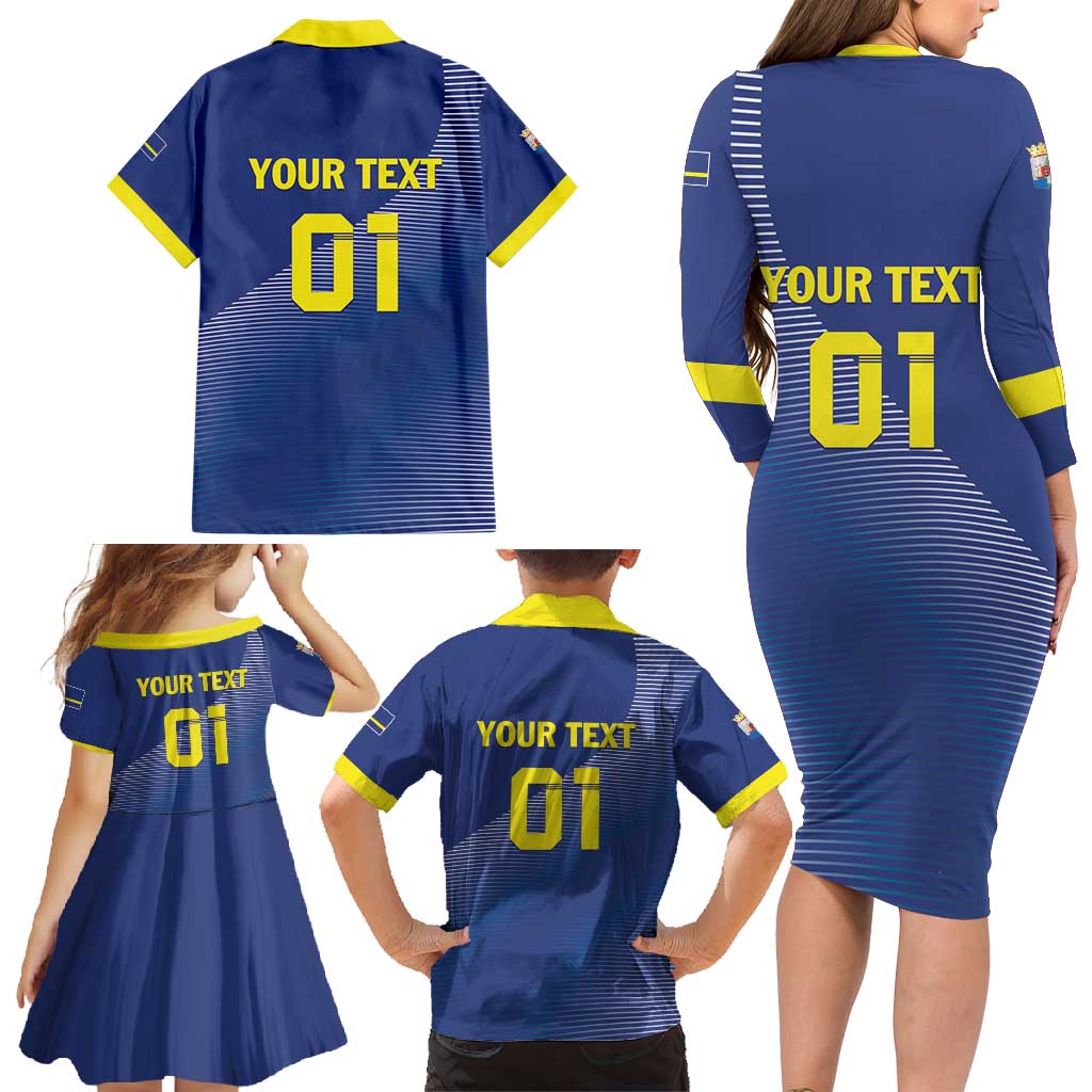 Custom Curacao Football Family Matching Long Sleeve Bodycon Dress and Hawaiian Shirt La Familia Azul Go Champion
