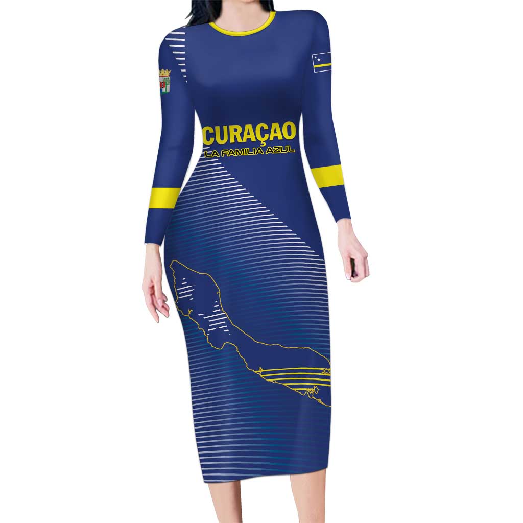 Custom Curacao Football Family Matching Long Sleeve Bodycon Dress and Hawaiian Shirt La Familia Azul Go Champion