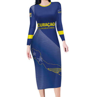 Custom Curacao Football Family Matching Long Sleeve Bodycon Dress and Hawaiian Shirt La Familia Azul Go Champion