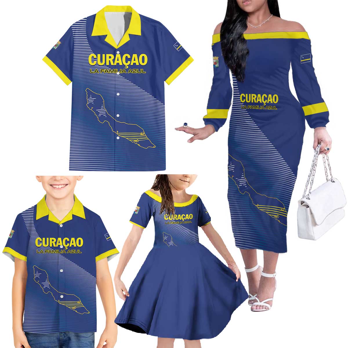 Custom Curacao Football Family Matching Off The Shoulder Long Sleeve Dress and Hawaiian Shirt La Familia Azul Go Champion