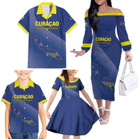 Custom Curacao Football Family Matching Off The Shoulder Long Sleeve Dress and Hawaiian Shirt La Familia Azul Go Champion