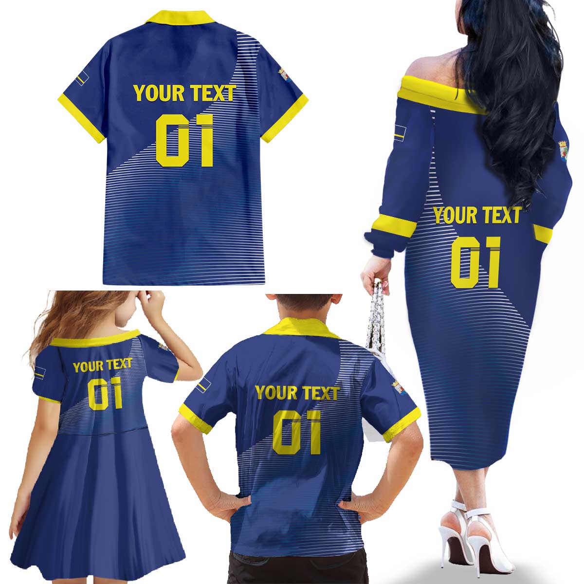 Custom Curacao Football Family Matching Off The Shoulder Long Sleeve Dress and Hawaiian Shirt La Familia Azul Go Champion