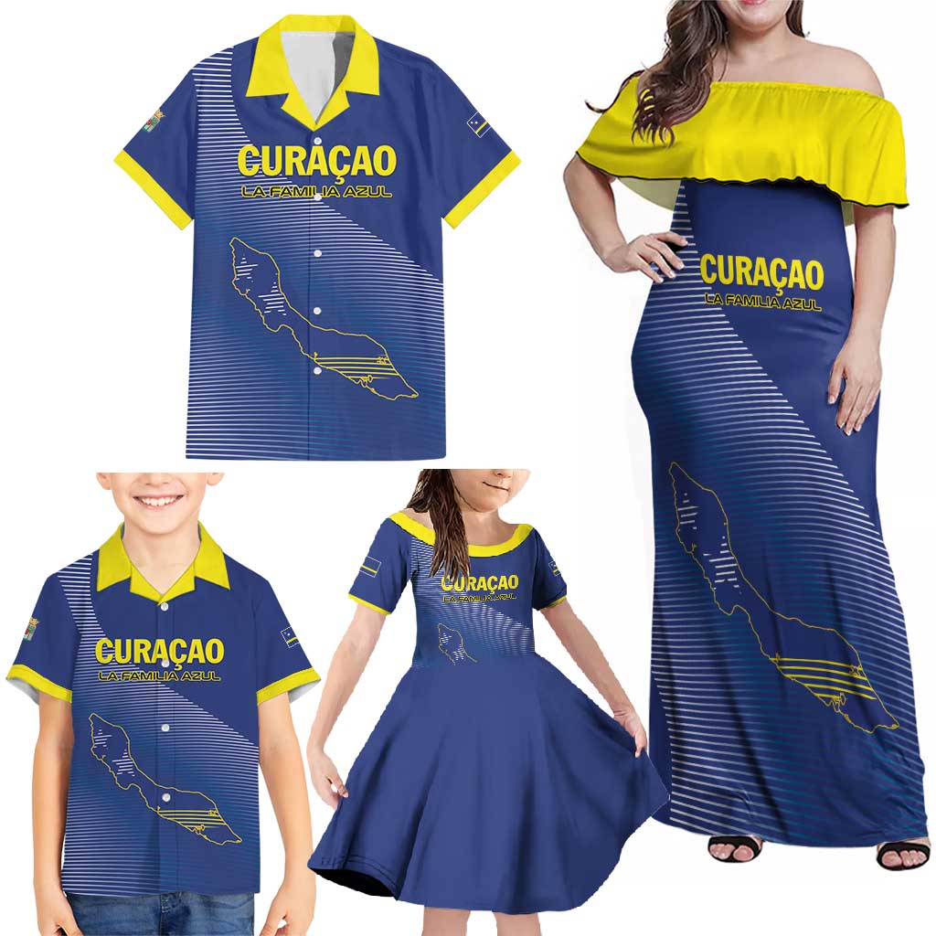 Custom Curacao Football Family Matching Off Shoulder Maxi Dress and Hawaiian Shirt La Familia Azul Go Champion