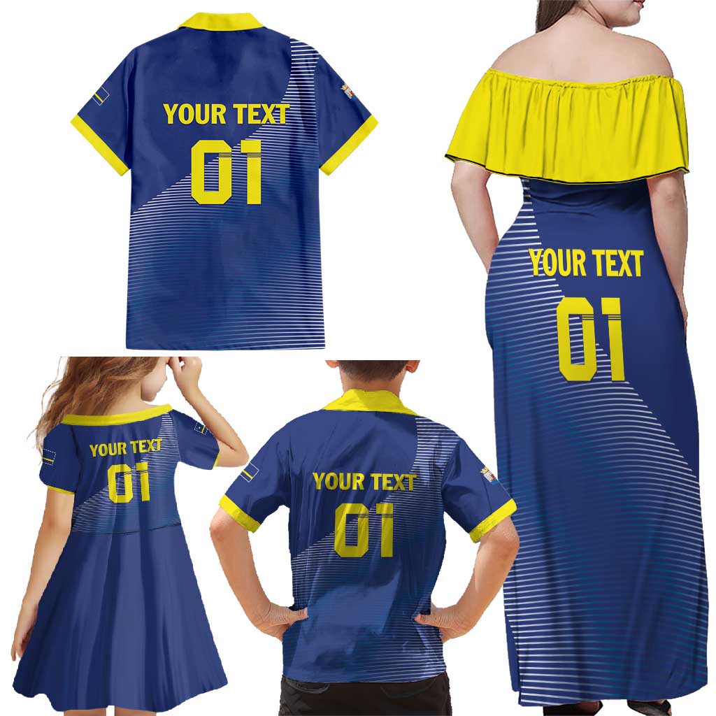 Custom Curacao Football Family Matching Off Shoulder Maxi Dress and Hawaiian Shirt La Familia Azul Go Champion