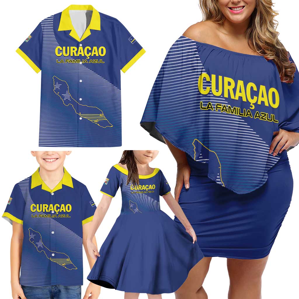 Custom Curacao Football Family Matching Off Shoulder Short Dress and Hawaiian Shirt La Familia Azul Go Champion