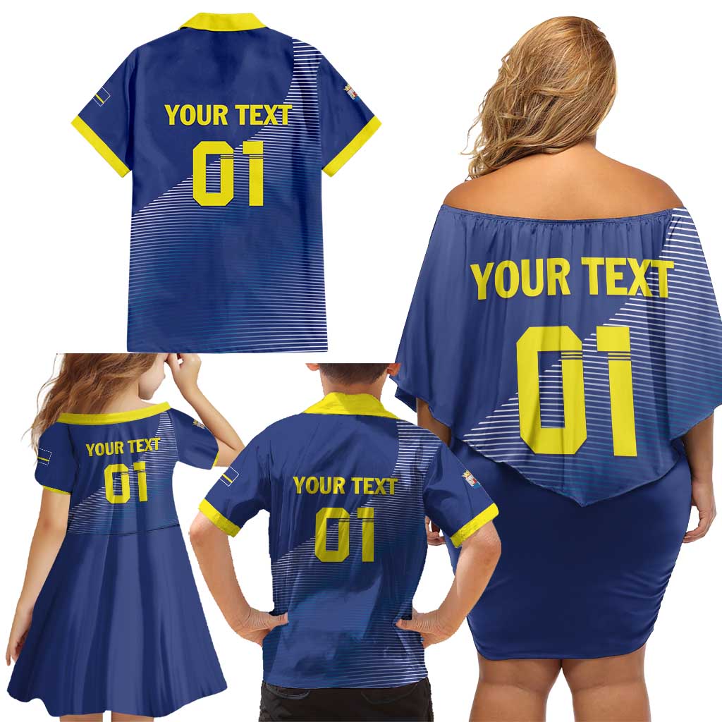 Custom Curacao Football Family Matching Off Shoulder Short Dress and Hawaiian Shirt La Familia Azul Go Champion