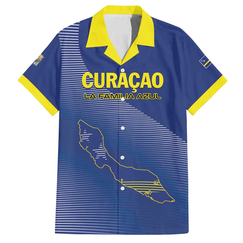 Custom Curacao Football Family Matching Off Shoulder Short Dress and Hawaiian Shirt La Familia Azul Go Champion