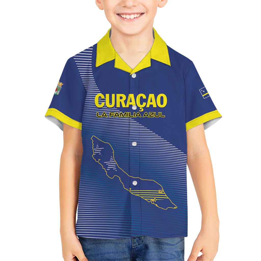 Custom Curacao Football Family Matching Off Shoulder Short Dress and Hawaiian Shirt La Familia Azul Go Champion