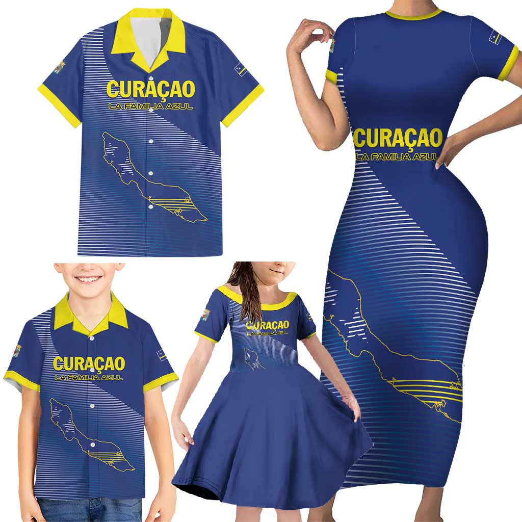 Custom Curacao Football Family Matching Short Sleeve Bodycon Dress and Hawaiian Shirt La Familia Azul Go Champion