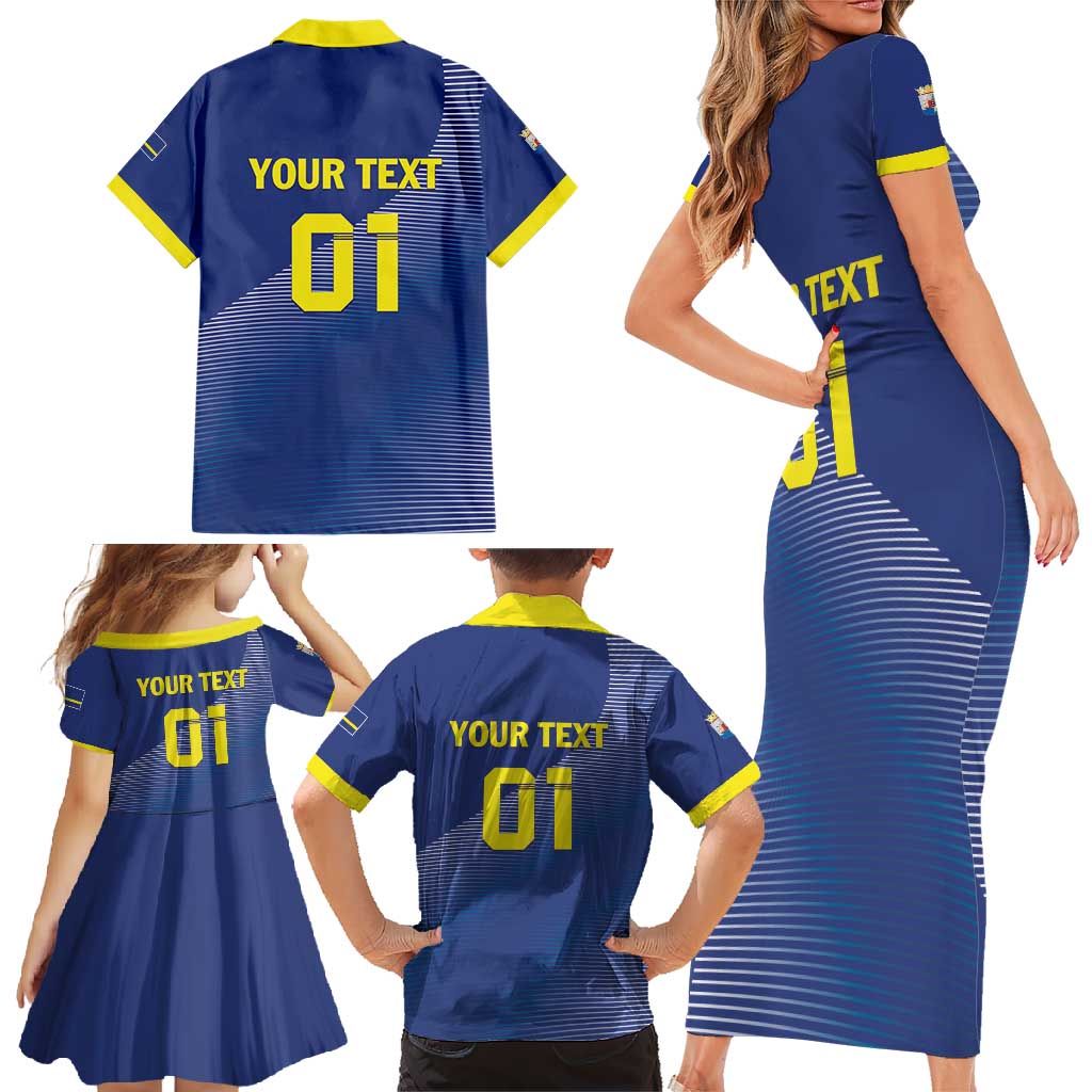 Custom Curacao Football Family Matching Short Sleeve Bodycon Dress and Hawaiian Shirt La Familia Azul Go Champion