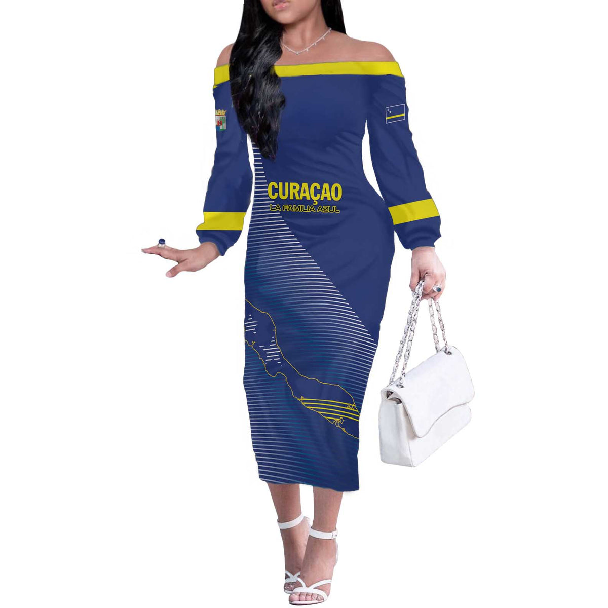 Custom Curacao Football Off The Shoulder Long Sleeve Dress La Familia Azul Go Champion