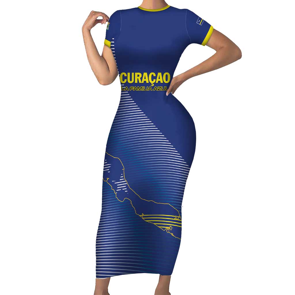 Custom Curacao Football Short Sleeve Bodycon Dress La Familia Azul Go Champion