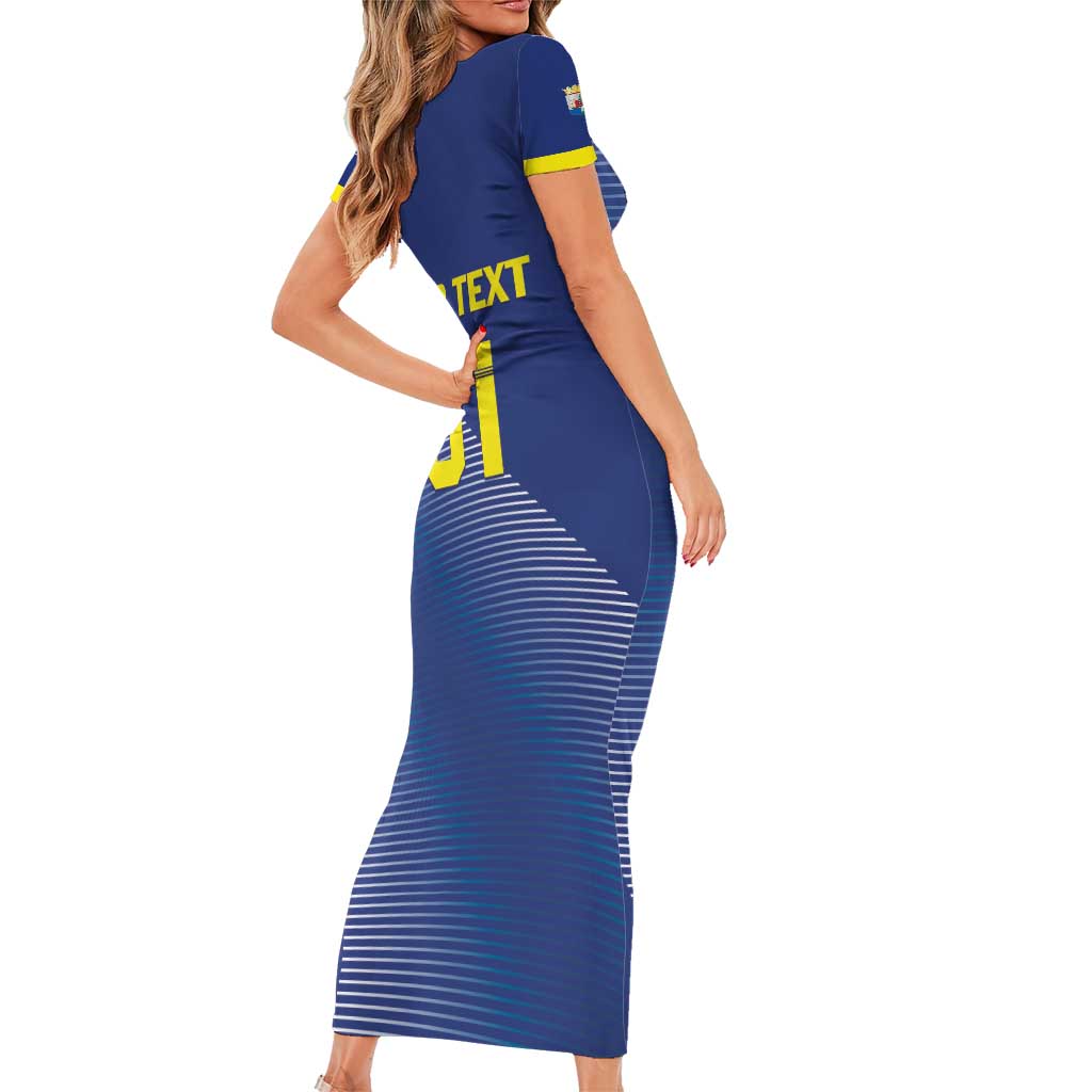 Custom Curacao Football Short Sleeve Bodycon Dress La Familia Azul Go Champion