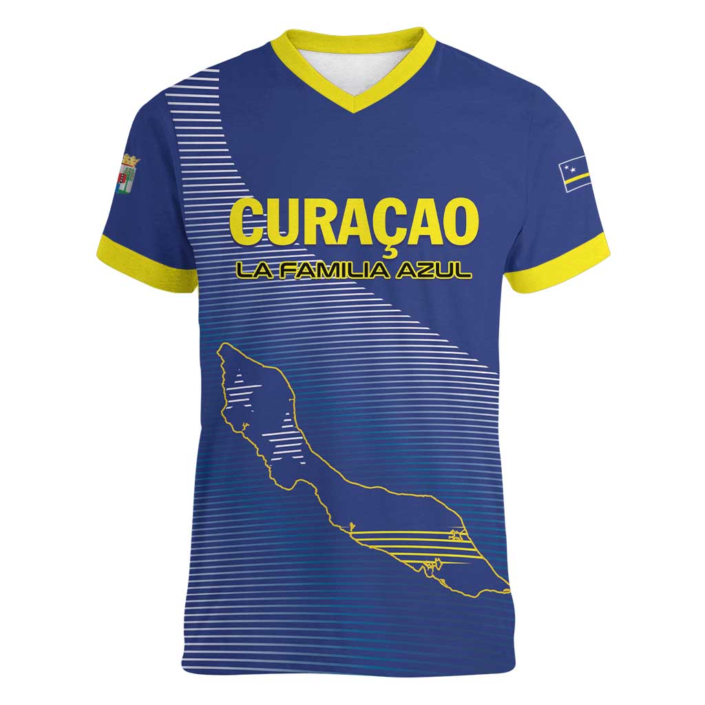Custom Curacao Football Women V-Neck T-Shirt La Familia Azul Go Champion
