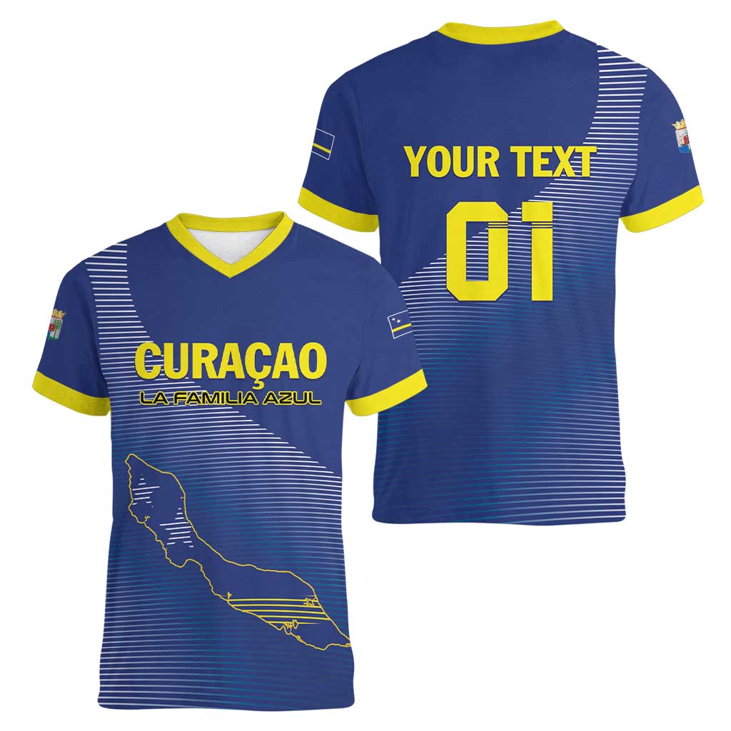 Custom Curacao Football Women V-Neck T-Shirt La Familia Azul Go Champion