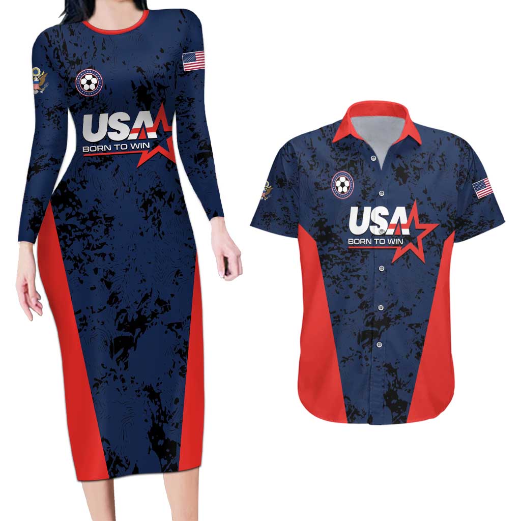 Custom USA Soccer Team Couples Matching Long Sleeve Bodycon Dress and Hawaiian Shirt Born To Win