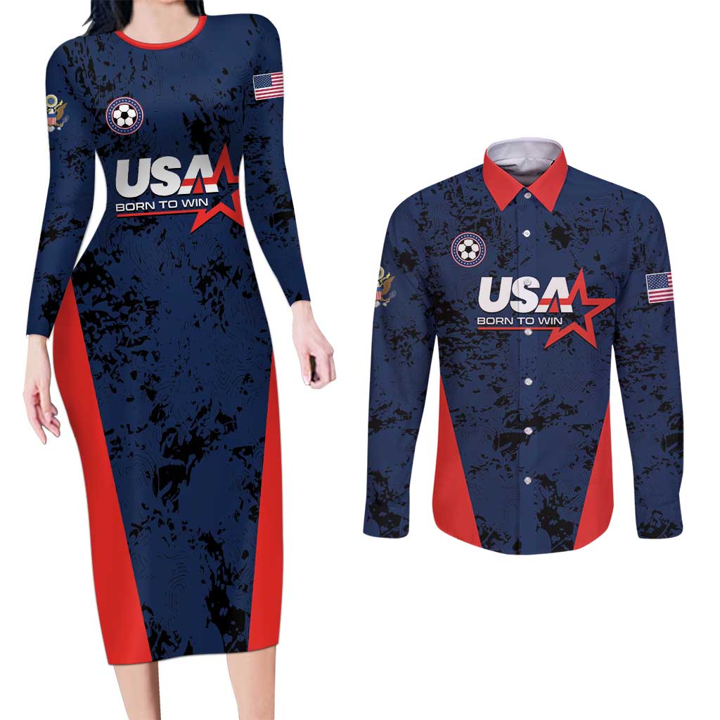 Custom USA Soccer Team Couples Matching Long Sleeve Bodycon Dress and Long Sleeve Button Shirt Born To Win