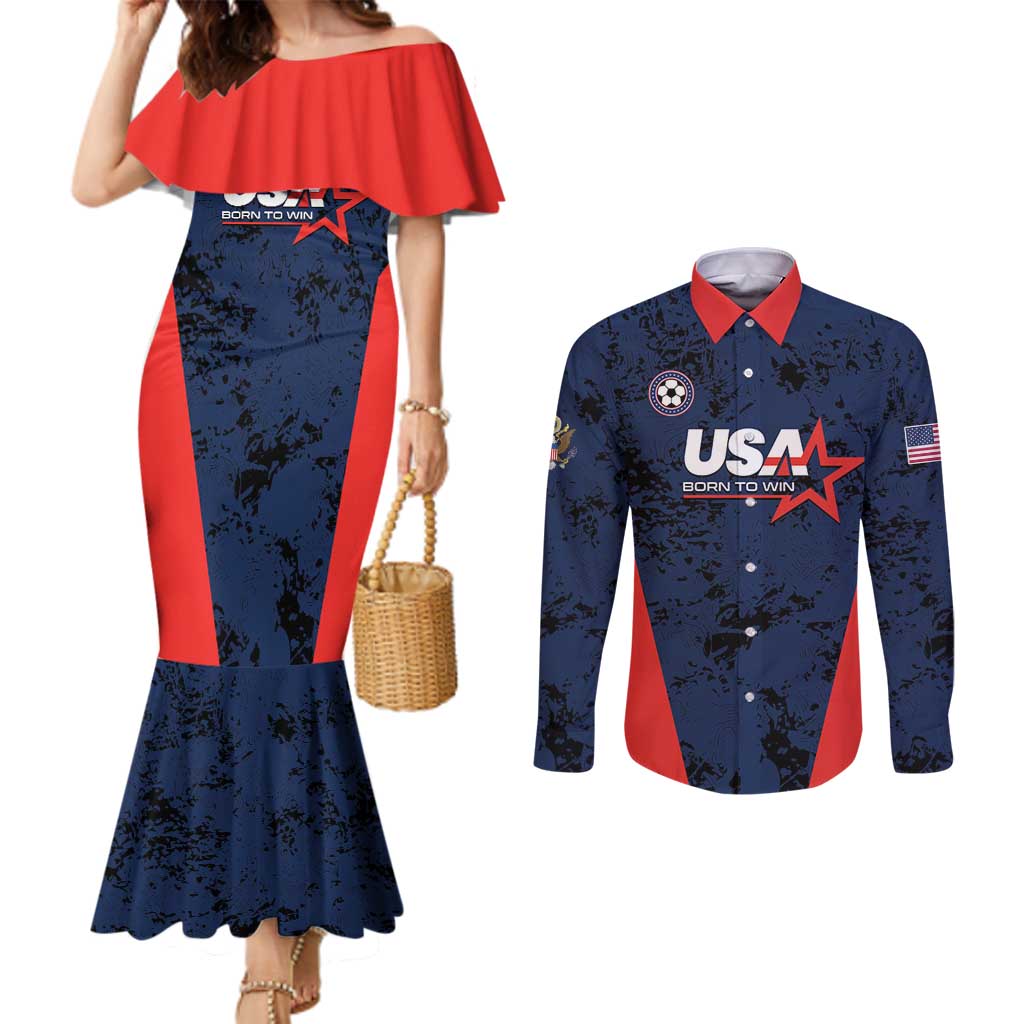 Custom USA Soccer Team Couples Matching Mermaid Dress and Long Sleeve Button Shirt Born To Win