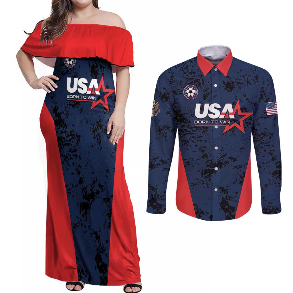 Custom USA Soccer Team Couples Matching Off Shoulder Maxi Dress and Long Sleeve Button Shirt Born To Win