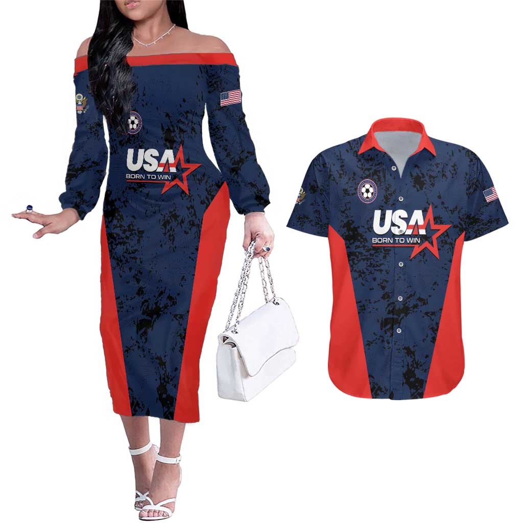 Custom USA Soccer Team Couples Matching Off The Shoulder Long Sleeve Dress and Hawaiian Shirt Born To Win