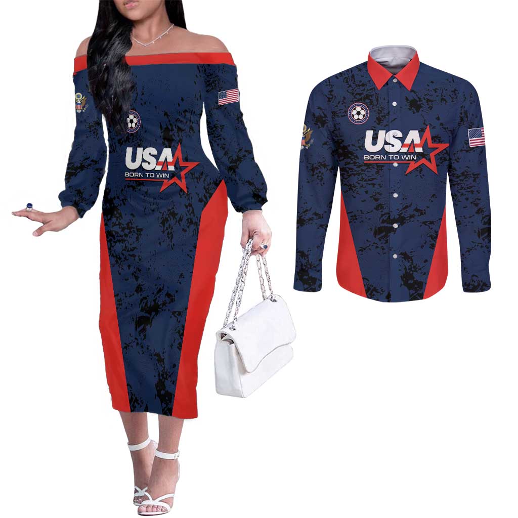 Custom USA Soccer Team Couples Matching Off The Shoulder Long Sleeve Dress and Long Sleeve Button Shirt Born To Win