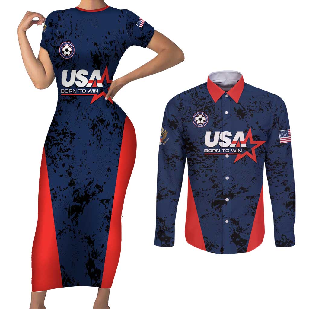 Custom USA Soccer Team Couples Matching Short Sleeve Bodycon Dress and Long Sleeve Button Shirt Born To Win
