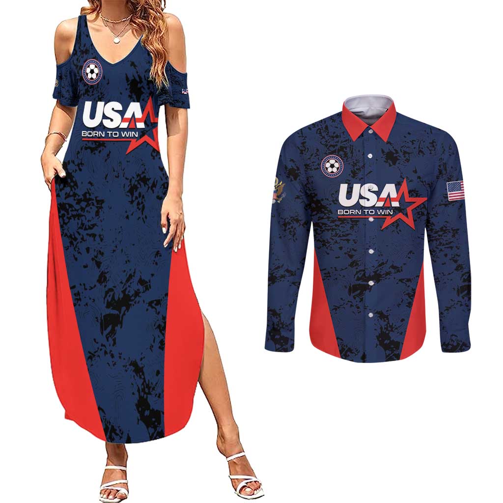 Custom USA Soccer Team Couples Matching Summer Maxi Dress and Long Sleeve Button Shirt Born To Win