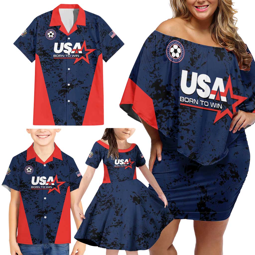 Custom USA Soccer Team Family Matching Off Shoulder Short Dress and Hawaiian Shirt Born To Win