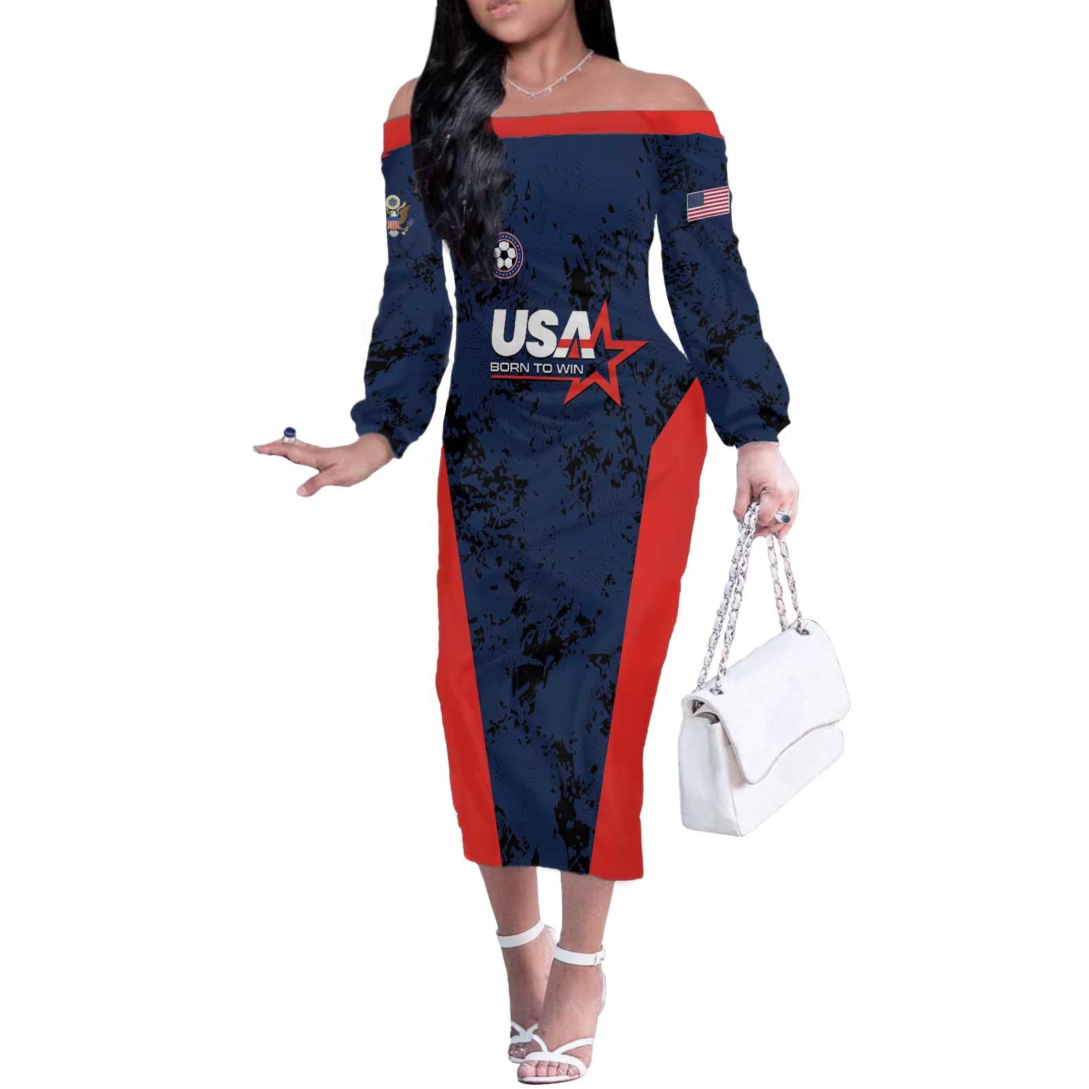 Custom USA Soccer Team Off The Shoulder Long Sleeve Dress Born To Win