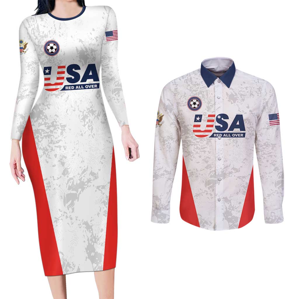 Custom USA Soccer Team Couples Matching Long Sleeve Bodycon Dress and Long Sleeve Button Shirt Red All Over