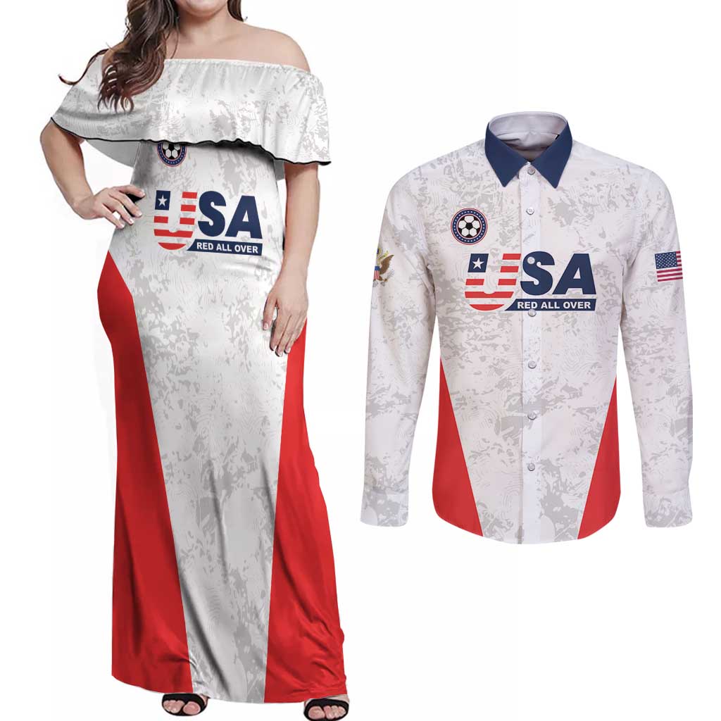 Custom USA Soccer Team Couples Matching Off Shoulder Maxi Dress and Long Sleeve Button Shirt Red All Over