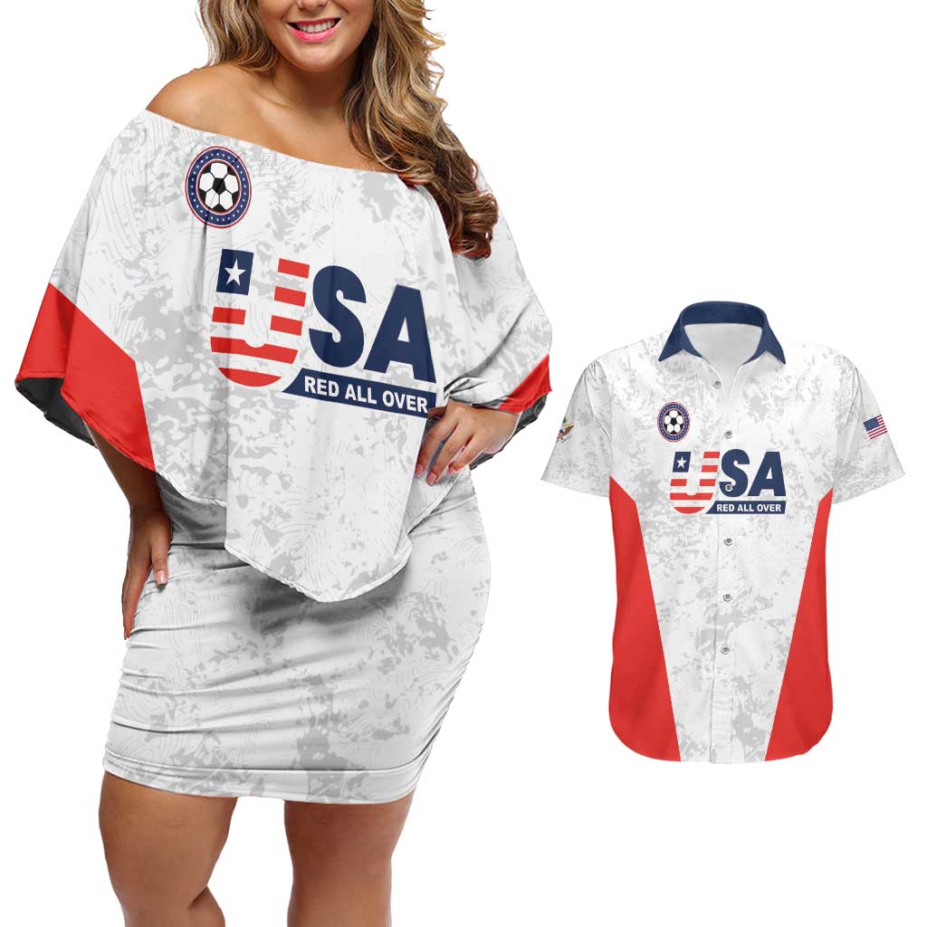 Custom USA Soccer Team Couples Matching Off Shoulder Short Dress and Hawaiian Shirt Red All Over