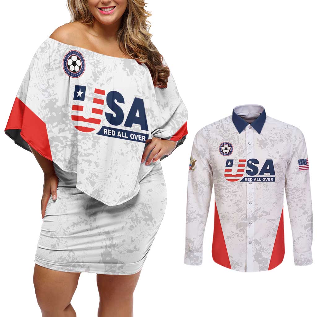 Custom USA Soccer Team Couples Matching Off Shoulder Short Dress and Long Sleeve Button Shirt Red All Over