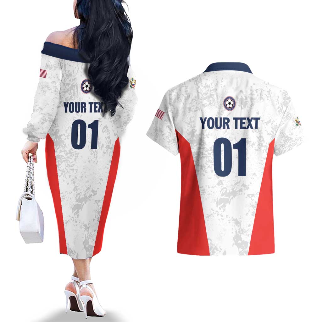 Custom USA Soccer Team Couples Matching Off The Shoulder Long Sleeve Dress and Hawaiian Shirt Red All Over