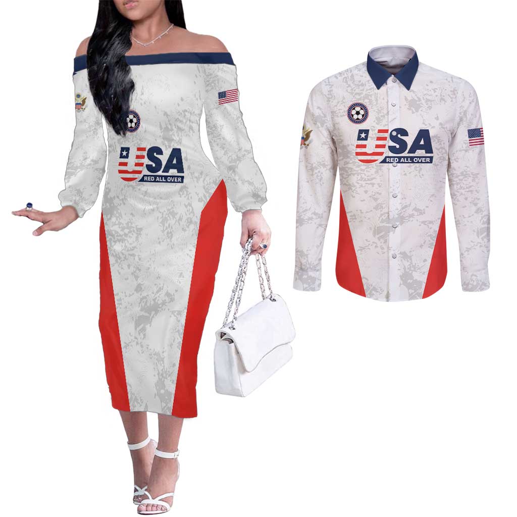 Custom USA Soccer Team Couples Matching Off The Shoulder Long Sleeve Dress and Long Sleeve Button Shirt Red All Over