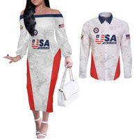 Custom USA Soccer Team Couples Matching Off The Shoulder Long Sleeve Dress and Long Sleeve Button Shirt Red All Over