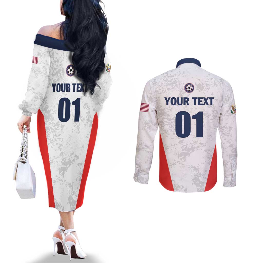 Custom USA Soccer Team Couples Matching Off The Shoulder Long Sleeve Dress and Long Sleeve Button Shirt Red All Over