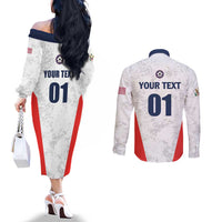 Custom USA Soccer Team Couples Matching Off The Shoulder Long Sleeve Dress and Long Sleeve Button Shirt Red All Over