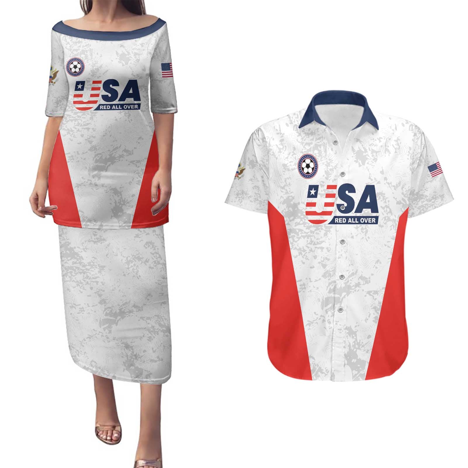 Custom USA Soccer Team Couples Matching Puletasi and Hawaiian Shirt Red All Over