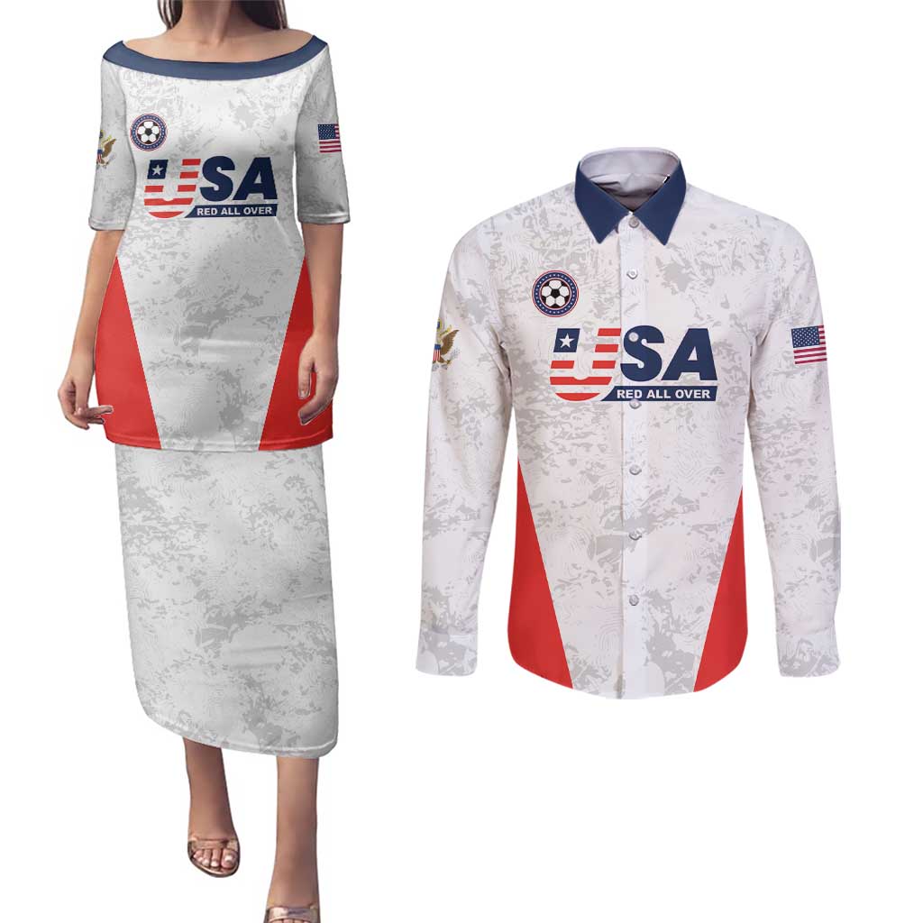 Custom USA Soccer Team Couples Matching Puletasi and Long Sleeve Button Shirt Red All Over