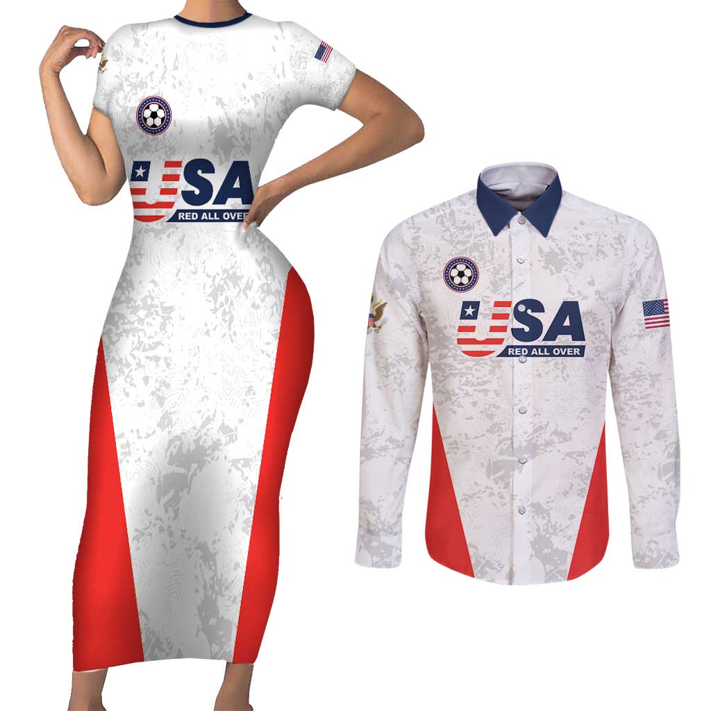 Custom USA Soccer Team Couples Matching Short Sleeve Bodycon Dress and Long Sleeve Button Shirt Red All Over