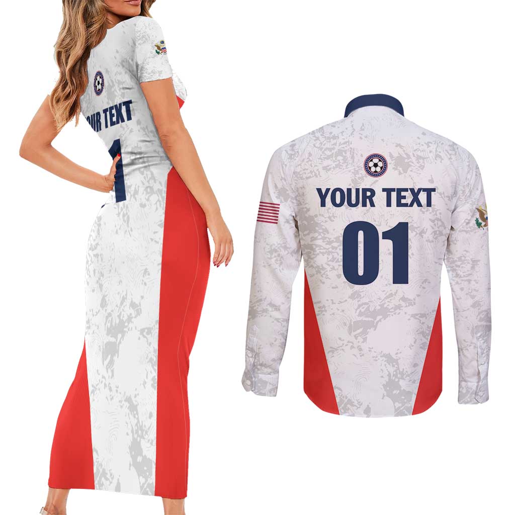 Custom USA Soccer Team Couples Matching Short Sleeve Bodycon Dress and Long Sleeve Button Shirt Red All Over