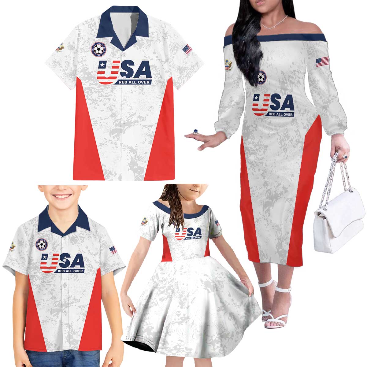 Custom USA Soccer Team Family Matching Off The Shoulder Long Sleeve Dress and Hawaiian Shirt Red All Over