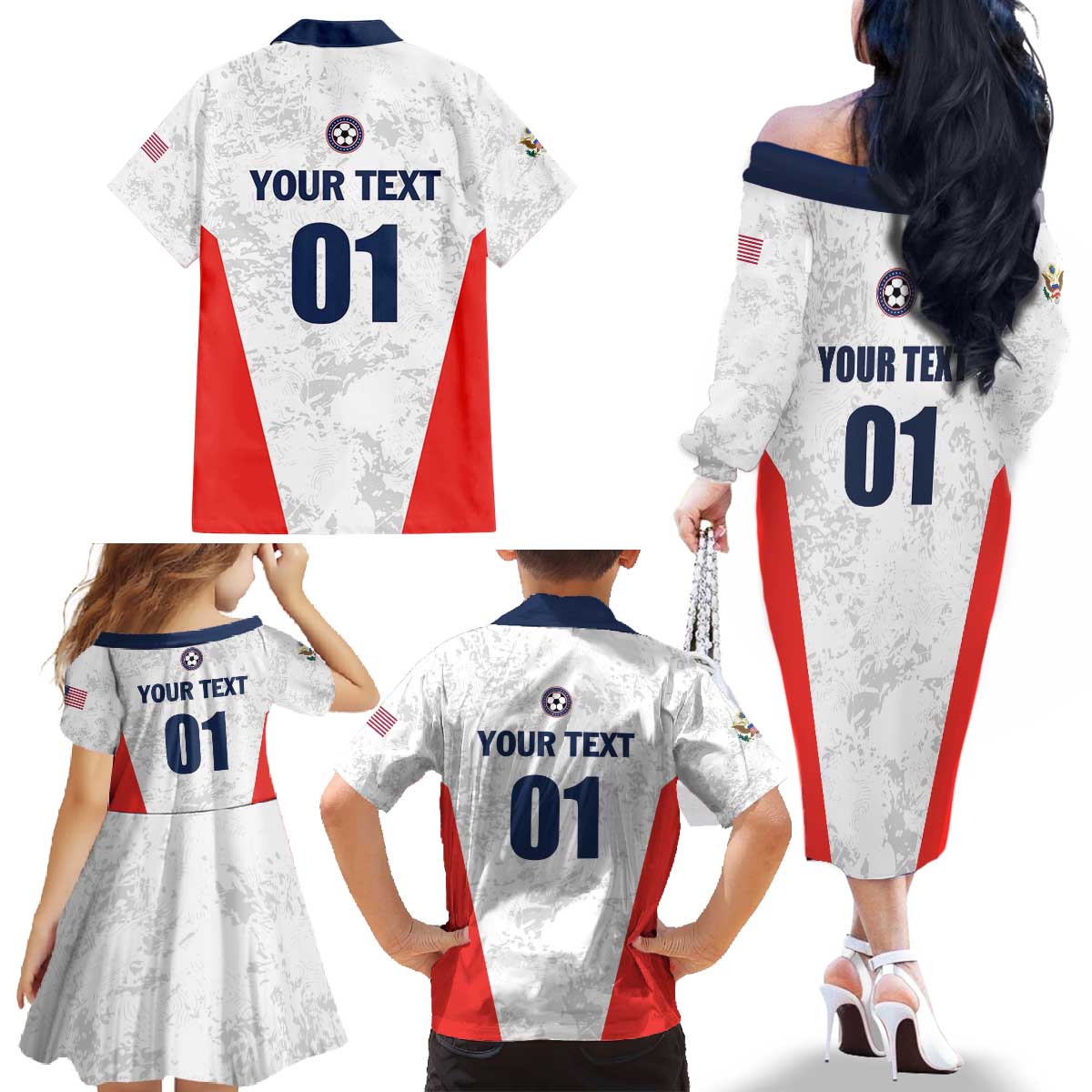 Custom USA Soccer Team Family Matching Off The Shoulder Long Sleeve Dress and Hawaiian Shirt Red All Over