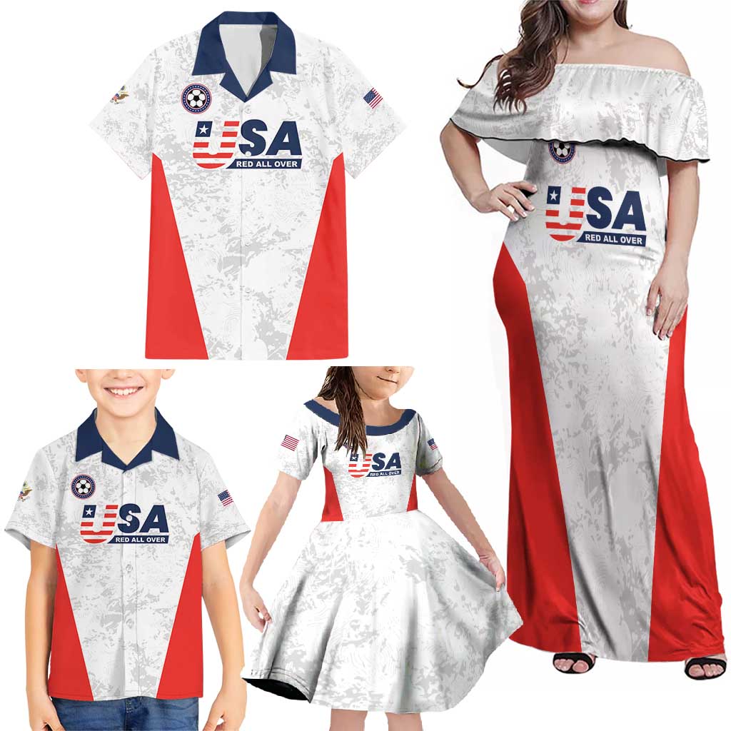 Custom USA Soccer Team Family Matching Off Shoulder Maxi Dress and Hawaiian Shirt Red All Over