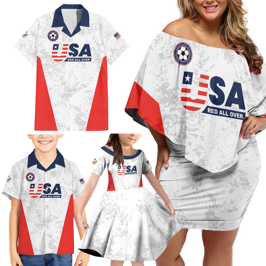 Custom USA Soccer Team Family Matching Off Shoulder Short Dress and Hawaiian Shirt Red All Over