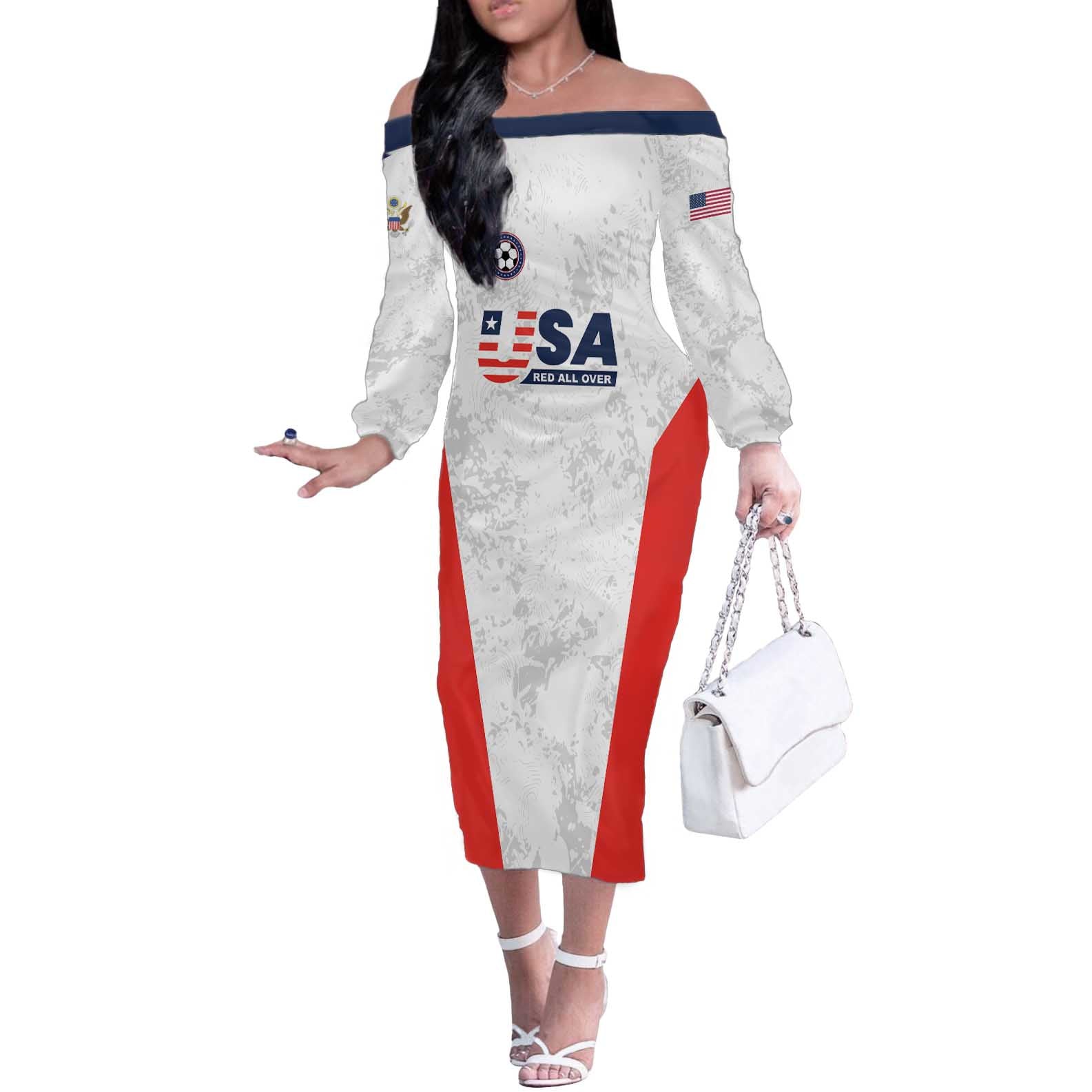 Custom USA Soccer Team Off The Shoulder Long Sleeve Dress Red All Over