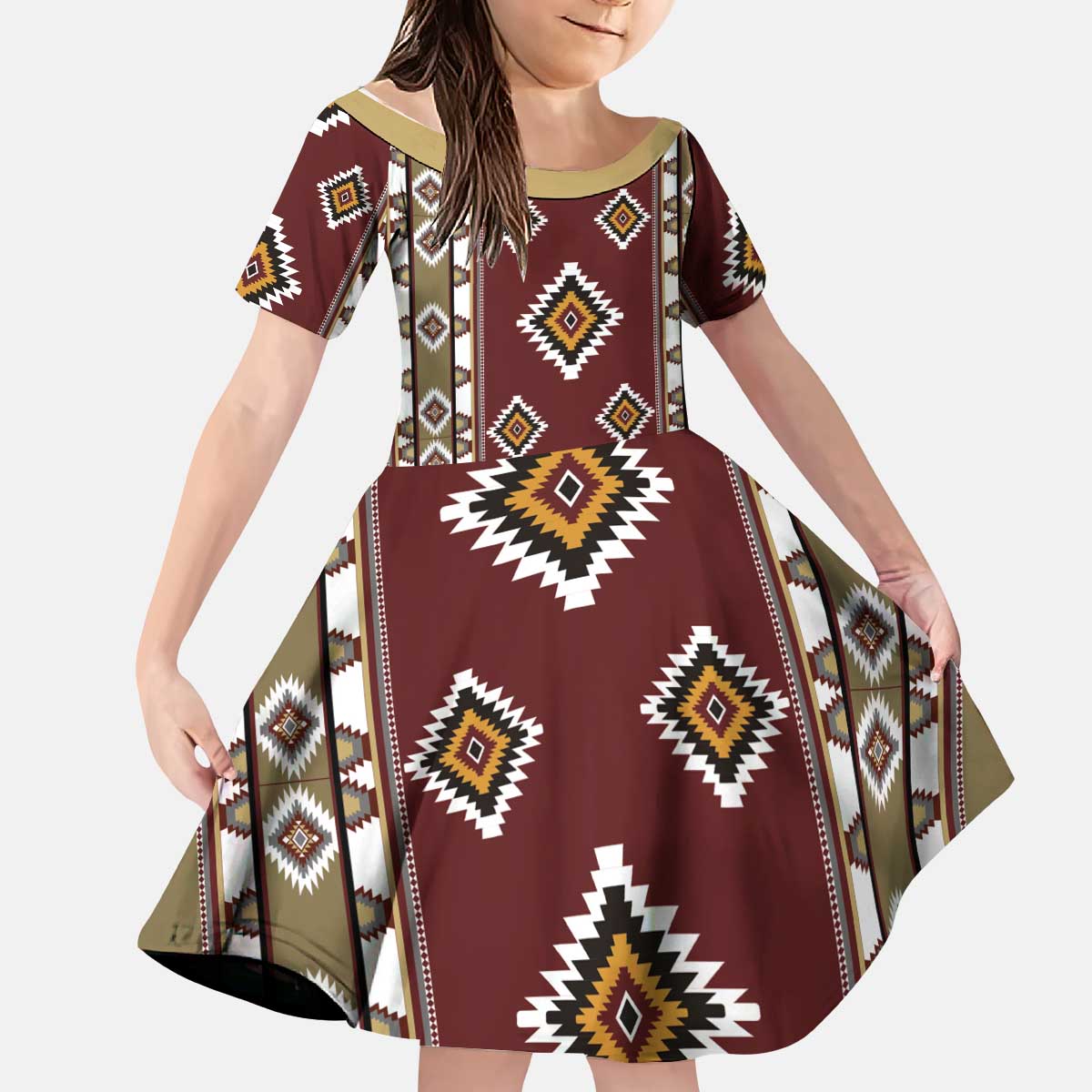 Native American Navajo Kid Short Sleeve Dress Tribal Pattern