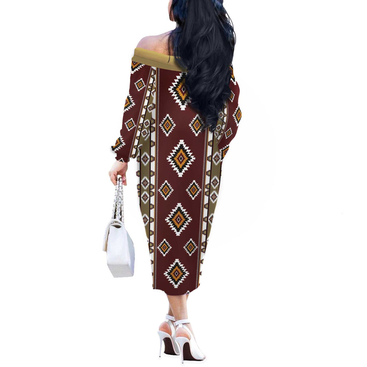 Native American Navajo Off The Shoulder Long Sleeve Dress Tribal Pattern