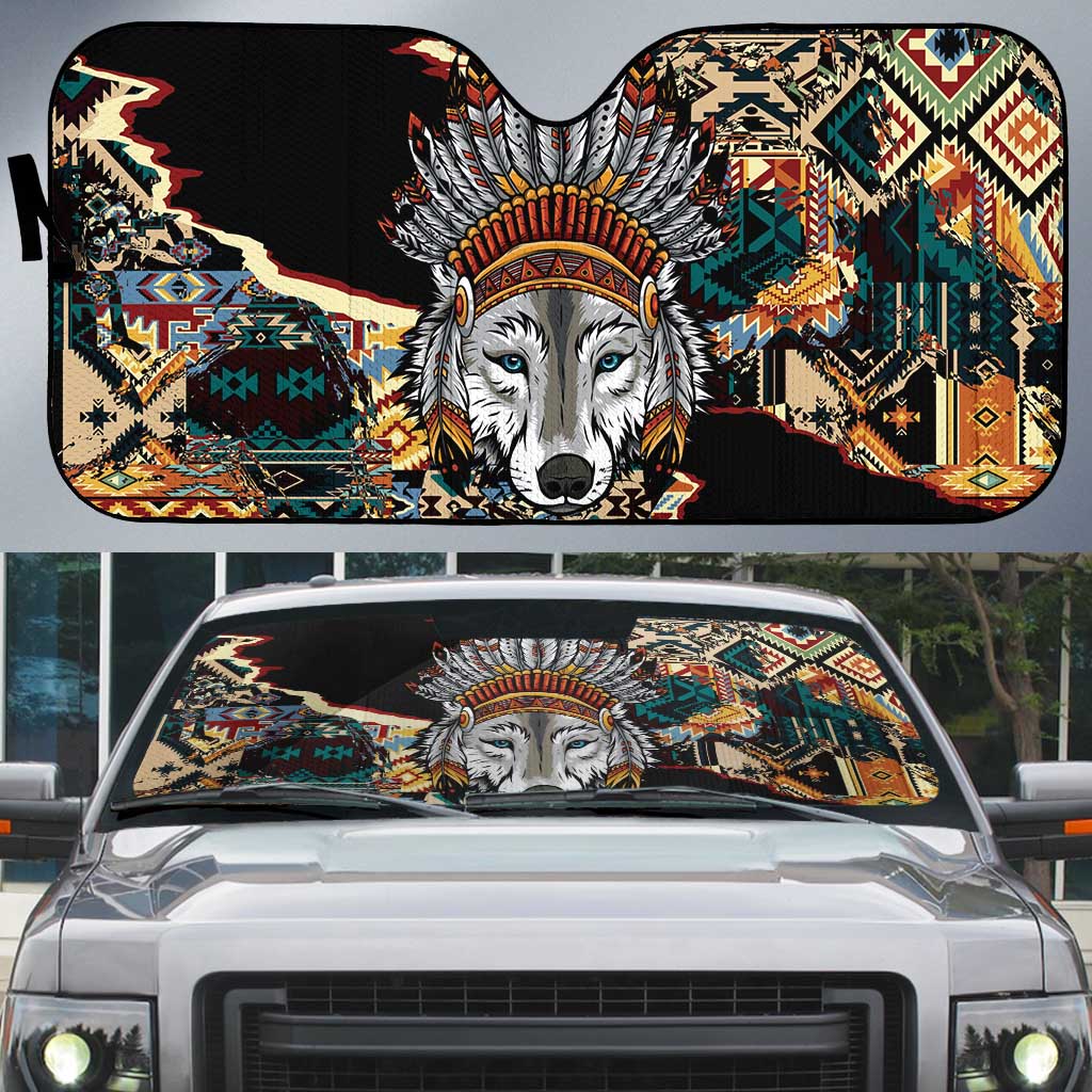 Native American Navajo Wolf Auto Sun Shade Grunge Pattern